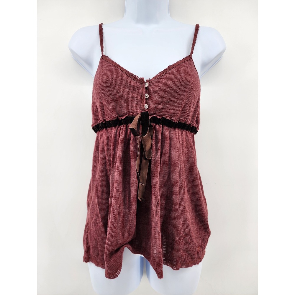 Abercrombie & Fitch Maroon Waffle Knit Velvet Trim Babydoll Cami Top Size M